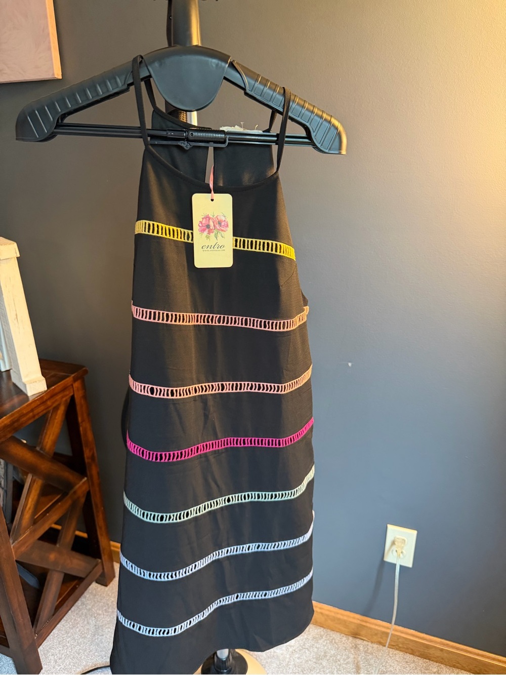 entro Black Halter Dress with Yellow Ladder Trim